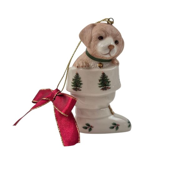 Spode Christmas Tree Ornament Dog In Stocking Porcelain Holiday Decoration - Picture 1 of 10